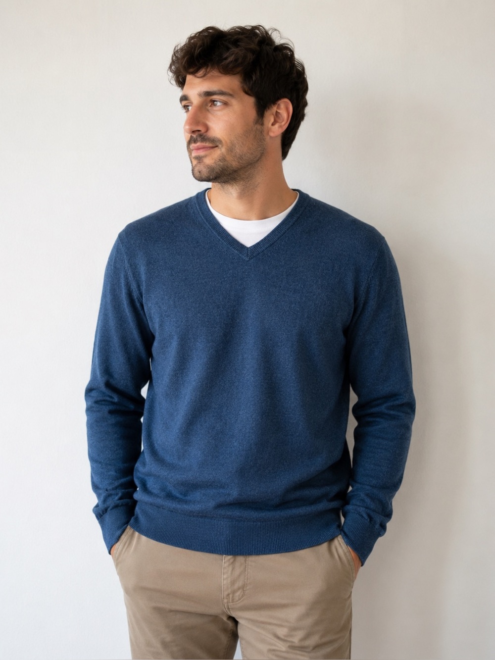Calvin Klein 100% Merino Wool Men’s Blue V-Neck Sweater Size Large Quiet Luxury